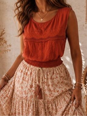 Boho Crochet-Trim Smocked Hem Tank Top in Rust